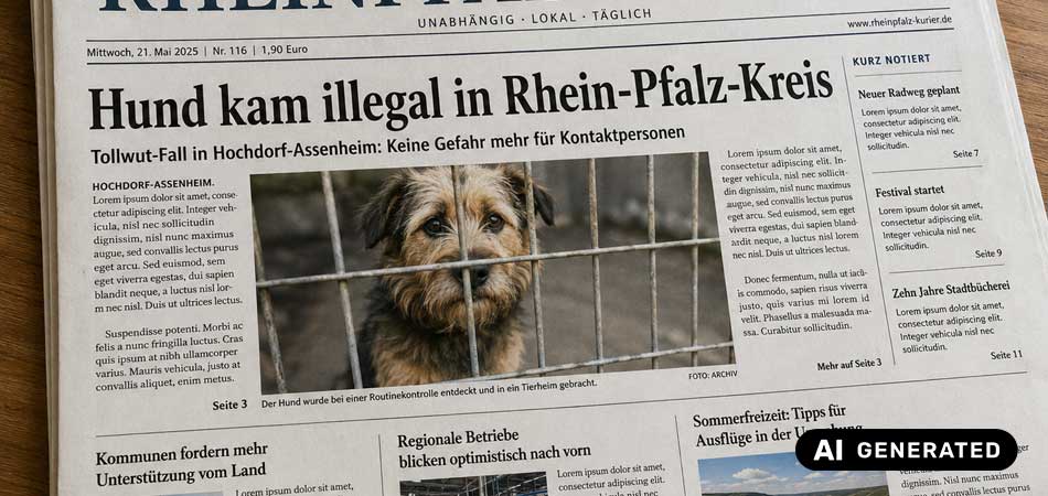 Zeitungsartikel (KI-generiert) zum Tollwutfall bei einem Hund iin Rheinland-Pfalz 2026.