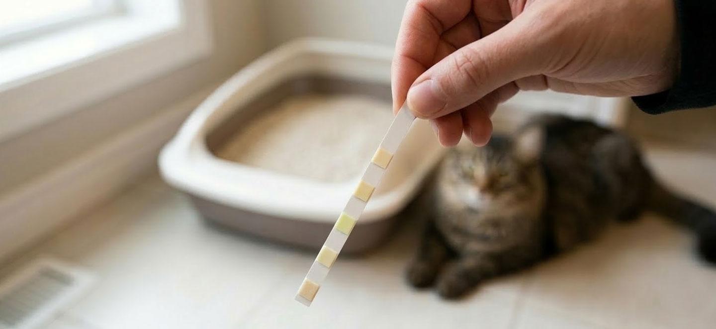 nwendung eines Urinteststreifens bei einer Katze zu Hause zur Kontrolle von Glukose und Proteinwerten.