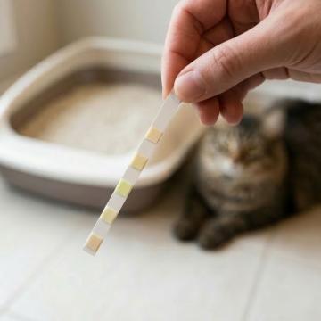 nwendung eines Urinteststreifens bei einer Katze zu Hause zur Kontrolle von Glukose und Proteinwerten.
