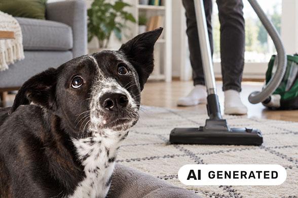 Hund schaut ängstlich, weil im Hintergrund mit Staubsauger gearbeitet wird.